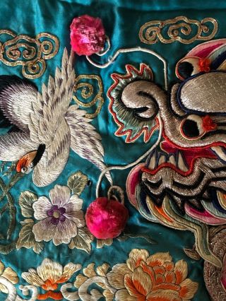 Antique Chinese Embroidered Door Cover - Heavily Embossed Silver Dragons,  Pompoms 7
