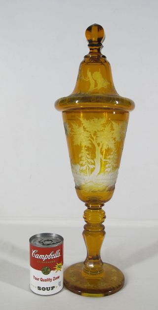 Huge 1800 ' s Amber Cut to Clear Czech Bohemian Mantle Vase Deer Stag Fox Game yqz 3