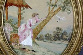 EXTREMELY FINE EARLY 19TH C NEEDLEWORK PICTURE YOUNG WOMAN WAITING FOR LOVE NOTE 6