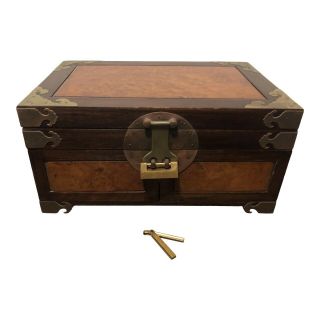 Antique Art Deco Chinese Bronze & Burl Wood Inlay Jewelry Box With Lock & Key