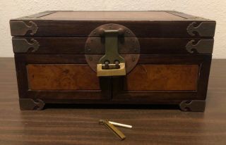Antique Art Deco Chinese Bronze & Burl Wood Inlay Jewelry Box With Lock & Key 2