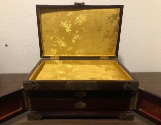 Antique Art Deco Chinese Bronze & Burl Wood Inlay Jewelry Box With Lock & Key 5