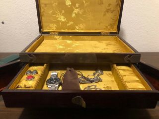 Antique Art Deco Chinese Bronze & Burl Wood Inlay Jewelry Box With Lock & Key 6