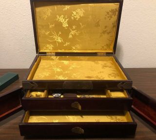 Antique Art Deco Chinese Bronze & Burl Wood Inlay Jewelry Box With Lock & Key 7