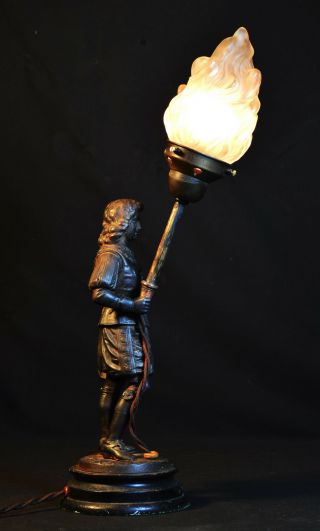Vintage lamp antique 1940s bronze Knight French Opaline flame torch shade 2