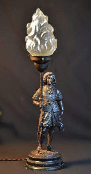 Vintage lamp antique 1940s bronze Knight French Opaline flame torch shade 3