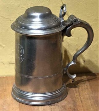 Antique English Pewter Domed Lidded Tankard,  Marked " Thomas Giffin ",  C.  1730