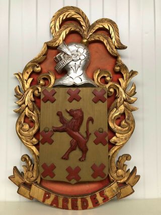 A Stunning Large Carved Medieval Knight Armor Shield In Wood With Lion