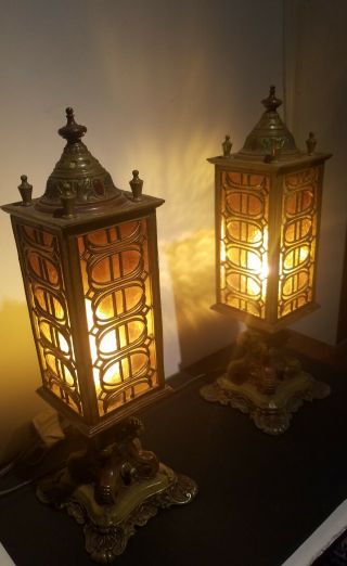 Bradley & Hubbard ?.  Art Deco Casted & Amber Glass Streetcar Boudoir Lamps.  Rare 3