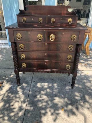 Antique Mahogany American Empire Chest Of Drawers Brass Handles Circa 1850.