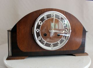 Art Deco German Table Clock Two Tone Oakwood 1930