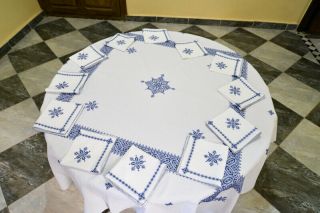 Embroidered Tablecloth Blue Handmade Vintage Moroccan Embroidered 12 Napkins