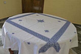Embroidered Tablecloth Blue Handmade Vintage Moroccan Embroidered 12 napkins 2