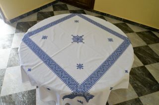 Embroidered Tablecloth Blue Handmade Vintage Moroccan Embroidered 12 napkins 5