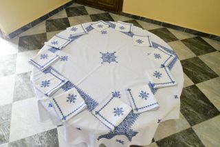 Embroidered Tablecloth Blue Handmade Vintage Moroccan Embroidered 12 napkins 6
