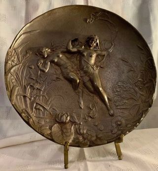 Antique French Dragonfly Nude Women Bronze Art Nouveau Deco Wall Plaque Signed