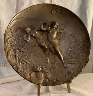 Antique French dragonfly Nude Women bronze Art Nouveau Deco Wall Plaque SIGNED 2