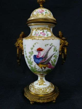 Antique French Sevres Bronze Mounted Porcelain Lidded Urn Vase Birds Of Paradise