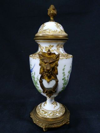 Antique French Sevres Bronze Mounted Porcelain Lidded Urn Vase Birds Of Paradise 2