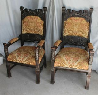 Antique Match Large Oak Highly Carved Arm Chairs - Upholstered Seats