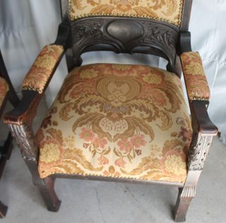 Antique Match Large Oak Highly carved arm Chairs - Upholstered Seats 3