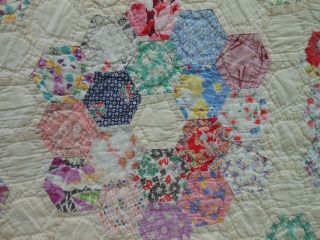 Early 20th Century Flour Sack Patchwork Grandmother ' s Garden Quilt 3