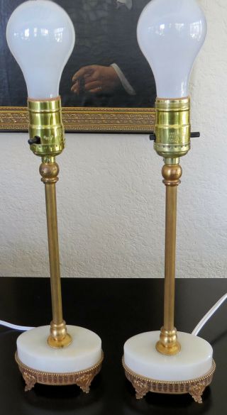 Antique Small Pair French Alabaster Marble Boudoire Side Table Lamps Gold Gilt 2