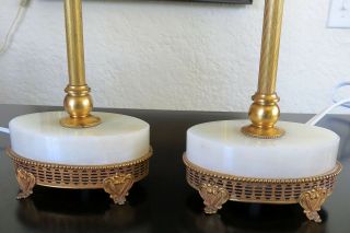 Antique Small Pair French Alabaster Marble Boudoire Side Table Lamps Gold Gilt 3