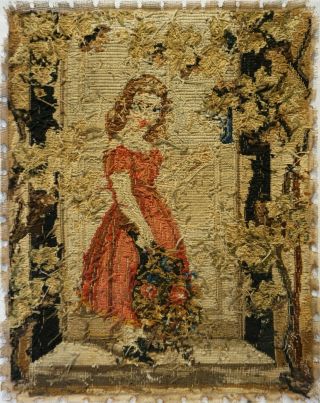 LATE 19TH CENTURY NEEDLEPOINT OF A YOUNG GIRL HOLDING A FLORAL BOUQUET - c.  1870 10