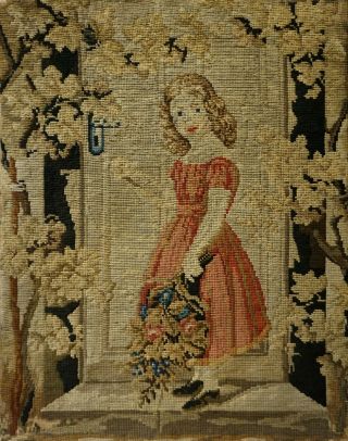 Late 19th Century Needlepoint Of A Young Girl Holding A Floral Bouquet - C.  1870