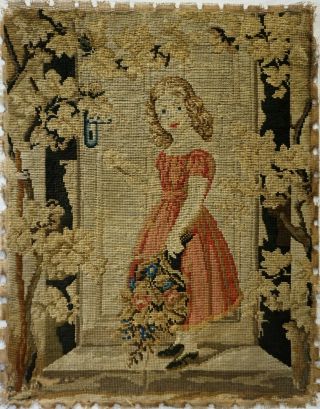 LATE 19TH CENTURY NEEDLEPOINT OF A YOUNG GIRL HOLDING A FLORAL BOUQUET - c.  1870 2