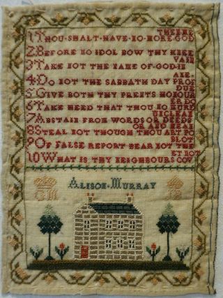 Very Small Early 19th Century House & Commandments Sampler By Alison Murray 1812