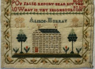 VERY SMALL EARLY 19TH CENTURY HOUSE & COMMANDMENTS SAMPLER BY ALISON MURRAY 1812 3