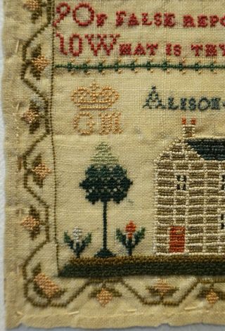 VERY SMALL EARLY 19TH CENTURY HOUSE & COMMANDMENTS SAMPLER BY ALISON MURRAY 1812 6