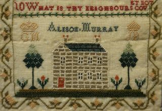 VERY SMALL EARLY 19TH CENTURY HOUSE & COMMANDMENTS SAMPLER BY ALISON MURRAY 1812 8
