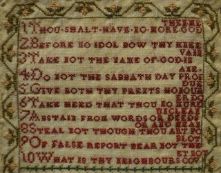 VERY SMALL EARLY 19TH CENTURY HOUSE & COMMANDMENTS SAMPLER BY ALISON MURRAY 1812 9
