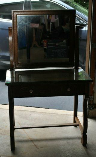 Antique Walnut Wood Vanity With Swivel Mirror,  With Custom Made Glass Top