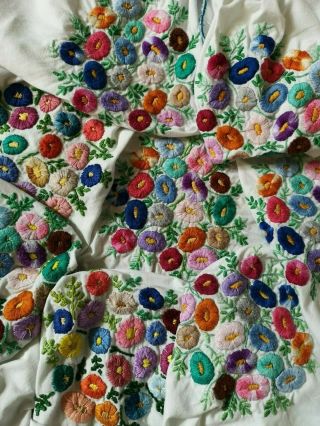 Large Vintage Hand Embroidered Posies Floral Flower Tablecloth For Repurposing