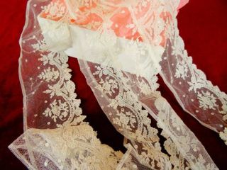 2 Stunning Antique Brussels Point De Gaze Handmade Lace On Tulle Lace