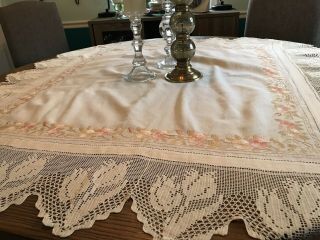 Antique Silk Work Embroidery And Crochet Tablecloth