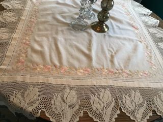 Antique Silk Work Embroidery And Crochet Tablecloth 5