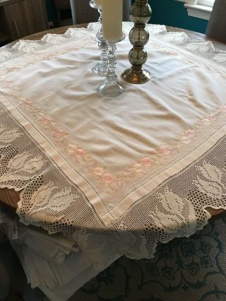 Antique Silk Work Embroidery And Crochet Tablecloth 6