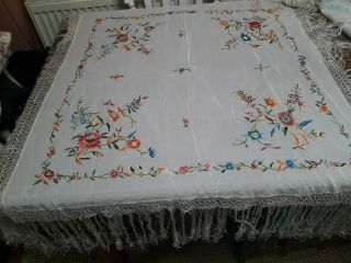 Antique 1930s Vintage Shawl Hand Embroidered Silk Piano Fringe