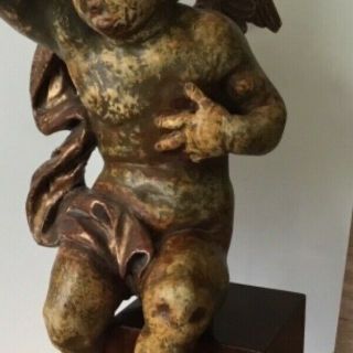 Antique wood carved statue,  boy with wings,  19th Century with traces of 14K Gold 12