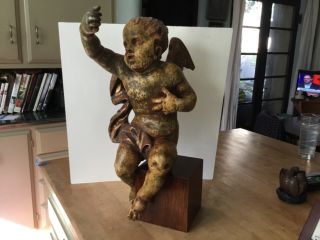 Antique Wood Carved Statue,  Boy With Wings,  19th Century With Traces Of 14k Gold