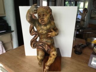 Antique wood carved statue,  boy with wings,  19th Century with traces of 14K Gold 2