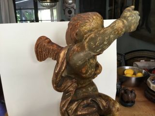 Antique wood carved statue,  boy with wings,  19th Century with traces of 14K Gold 7