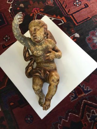 Antique wood carved statue,  boy with wings,  19th Century with traces of 14K Gold 8
