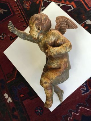 Antique wood carved statue,  boy with wings,  19th Century with traces of 14K Gold 9