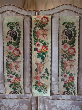 Three French Antique Handwoven Tapestry Panels Dogs /stag / Foxes